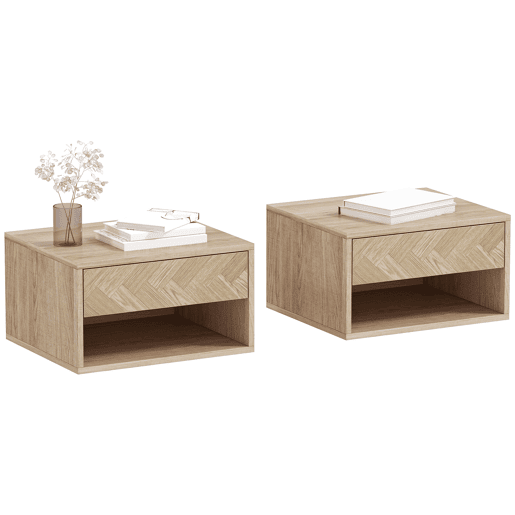 Conjunto de 2 mesas de cabeceira suspensas com gaveta e compartimento para quarto, 37x32x21 cm, cor natural.