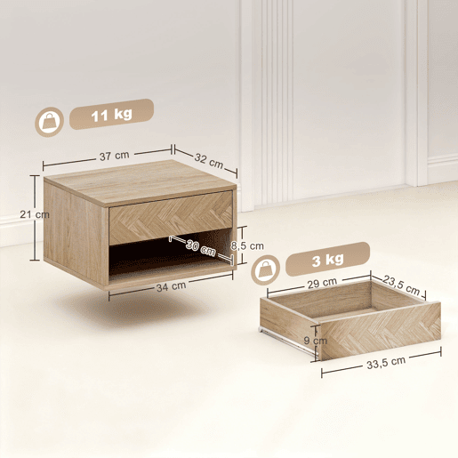 Conjunto de 2 mesas de cabeceira suspensas com gaveta e compartimento para quarto, 37x32x21 cm, cor natural.