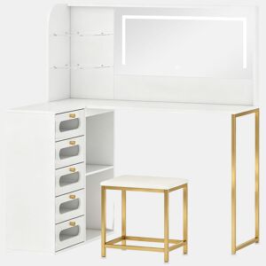 HOMCOM Penteadeira de Maquilhagem com Espelho LED, Luz Regulável e Banco Acolchoado, 5 Gavetas, 2 Compartimentos e 2 Prateleiras em Vidro, Branco