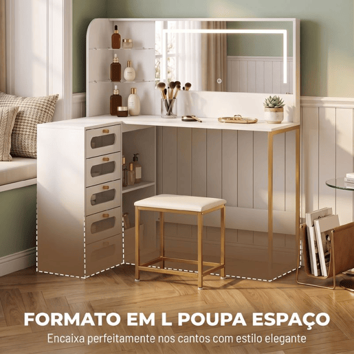 HOMCOM Penteadeira de Maquilhagem com Espelho LED, Luz Regulável e Banco Acolchoado, 5 Gavetas, 2 Compartimentos e 2 Prateleiras em Vidro, Branco HOMCOM Penteadeira de Maquilhagem com Espelho LED, Luz Regulável e Banco Acolchoado, 5 Gavetas, 2 Compartimentos e 2 Prateleiras em Vidro, Branco