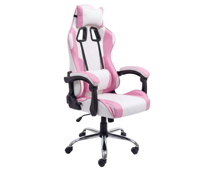 Silla gaming ergonómica reclinable con cojín lumbar legend rosa y blanco