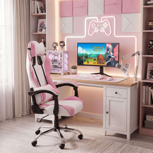 Cadeira Gamer Reclinável Ergonômica Legend Rosa e Branca com Almofada Lombar Cadeira Gamer Reclinável Ergonômica Legend Rosa e Branca com Almofada Lombar