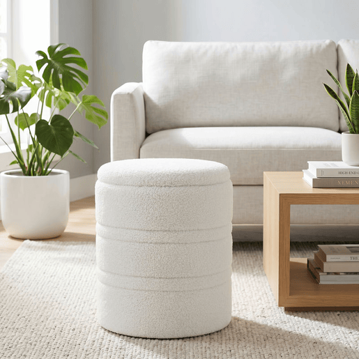 HOMCOM Puff de Arrumação Redondo, Banco de Arrumação 33 L, Ø36,5x46,5 cm, Revestido em Borreguito, Baú de Arrumação com Tampa, Suporta 120 kg, Banco para Sala, Quarto ou Entrada, Branco HOMCOM Puff de Arrumação Redondo, Banco de Arrumação 33 L, Ø36,5x46,5 cm, Revestido em Borreguito, Baú de Arrumação com Tampa, Suporta 120 kg, Banco para Sala, Quarto ou Entrada, Branco