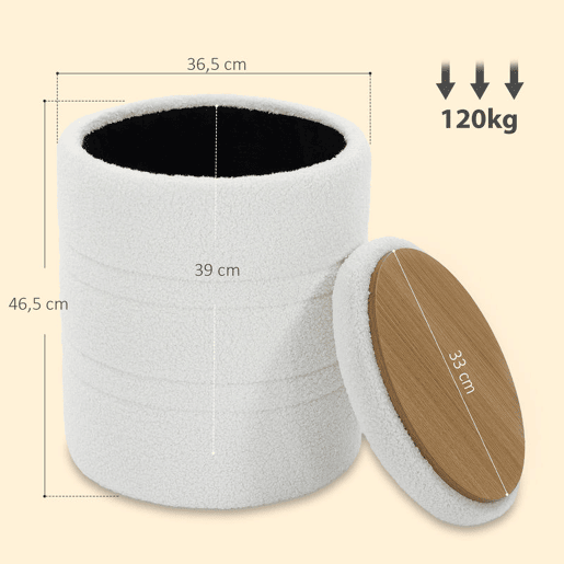 HOMCOM Puff de Arrumação Redondo, Banco de Arrumação 33 L, Ø36,5x46,5 cm, Revestido em Borreguito, Baú de Arrumação com Tampa, Suporta 120 kg, Banco para Sala, Quarto ou Entrada, Branco HOMCOM Puff de Arrumação Redondo, Banco de Arrumação 33 L, Ø36,5x46,5 cm, Revestido em Borreguito, Baú de Arrumação com Tampa, Suporta 120 kg, Banco para Sala, Quarto ou Entrada, Branco