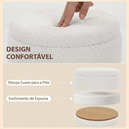 HOMCOM Puff de Arrumação Redondo, Banco de Arrumação 33 L, Ø36,5x46,5 cm, Revestido em Borreguito, Baú de Arrumação com Tampa, Suporta 120 kg, Banco para Sala, Quarto ou Entrada, Branco HOMCOM Puff de Arrumação Redondo, Banco de Arrumação 33 L, Ø36,5x46,5 cm, Revestido em Borreguito, Baú de Arrumação com Tampa, Suporta 120 kg, Banco para Sala, Quarto ou Entrada, Branco