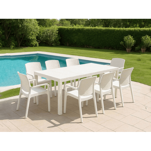 Conjunto de sala de estar externa com 8 lugares em plástico