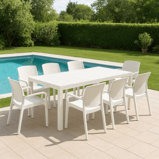 Conjunto de sala de estar externa com 8 lugares em plástico