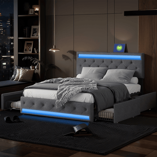 Cama estofada 180x200 cm de casal com LED e USB na cabeceira, 4 gavetas, baú e ripas de madeira Cama estofada 180x200 cm de casal com LED e USB na cabeceira, 4 gavetas, baú e ripas de madeira