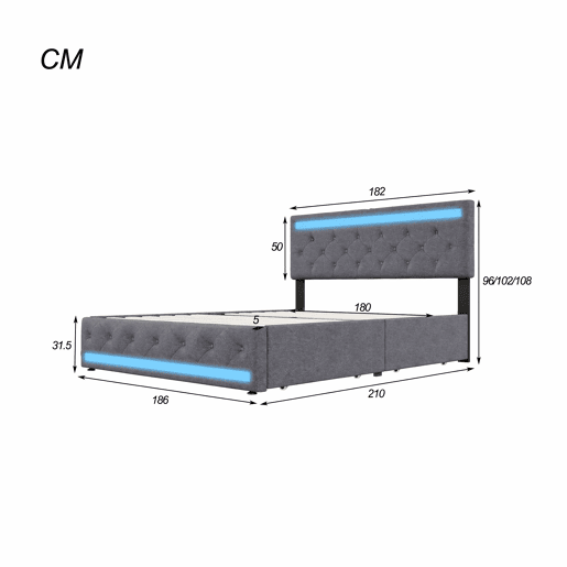 Cama estofada 180x200 cm de casal com LED e USB na cabeceira, 4 gavetas, baú e ripas de madeira Cama estofada 180x200 cm de casal com LED e USB na cabeceira, 4 gavetas, baú e ripas de madeira