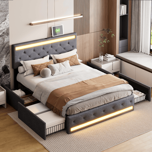 Cama estofada 140x190 cm de casal com LED e USB na cabeceira, 4 gavetas, baú e ripas de madeira