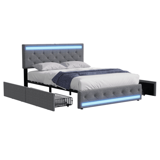 Cama estofada 140x190 cm de casal com LED e USB na cabeceira, 4 gavetas, baú e ripas de madeira