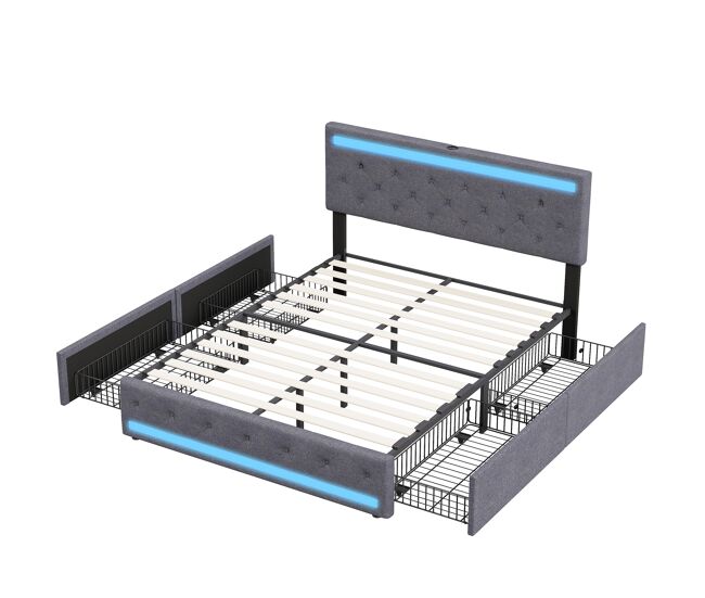 Cama tapizada 140x200 cm doble con led y usb en cabecero, 4 cajones, canapé y somier de láminas de madera