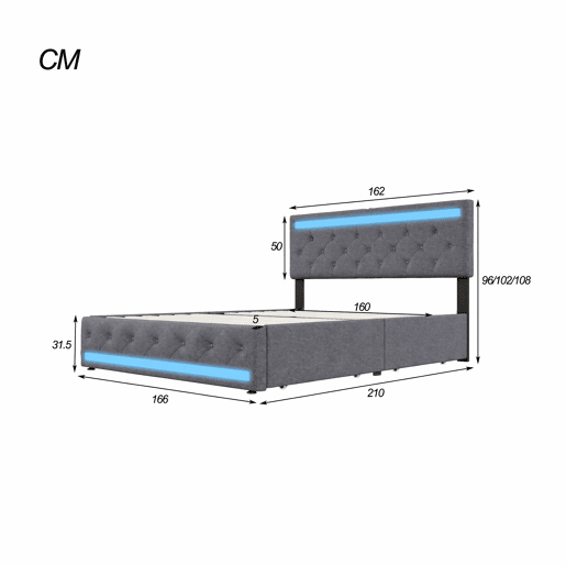Cama estofada 160x200 cm de casal com LED e USB na cabeceira, 4 gavetas, baú e ripas de madeira Cama estofada 160x200 cm de casal com LED e USB na cabeceira, 4 gavetas, baú e ripas de madeira