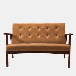 Sofá de 2 Lugares Estilo Escandinavo com Couro Sintético, Estrutura de Madeira Maciça e Apoios de Braço, Sofá para Sala, Quarto, Escritório e Apartamento, Capacidade de 240 kg, 124×74×75 cm