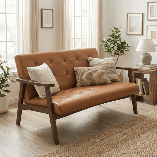 Sofá de 2 Lugares Estilo Escandinavo com Couro Sintético, Estrutura de Madeira Maciça e Apoios de Braço, Sofá para Sala, Quarto, Escritório e Apartamento, Capacidade de 240 kg, 124×74×75 cm