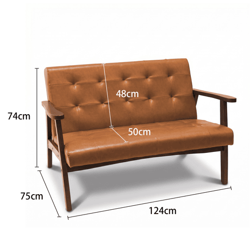 Sofá de 2 Lugares Estilo Escandinavo com Couro Sintético, Estrutura de Madeira Maciça e Apoios de Braço, Sofá para Sala, Quarto, Escritório e Apartamento, Capacidade de 240 kg, 124×74×75 cm