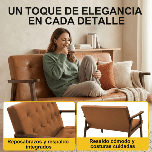 Sofá de 2 Lugares Estilo Escandinavo com Couro Sintético, Estrutura de Madeira Maciça e Apoios de Braço, Sofá para Sala, Quarto, Escritório e Apartamento, Capacidade de 240 kg, 124×74×75 cm