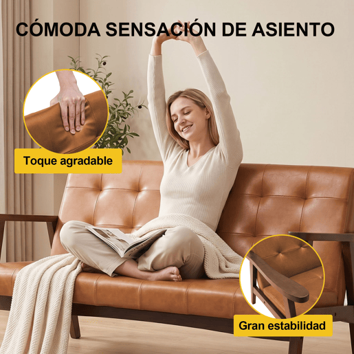 Sofá de 2 Lugares Estilo Escandinavo com Couro Sintético, Estrutura de Madeira Maciça e Apoios de Braço, Sofá para Sala, Quarto, Escritório e Apartamento, Capacidade de 240 kg, 124×74×75 cm