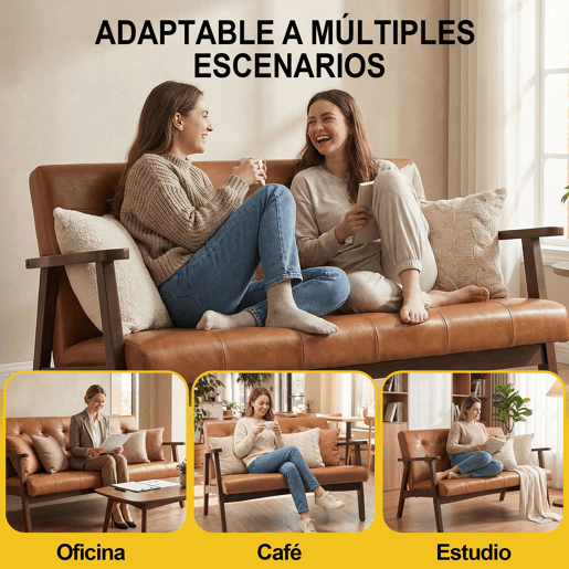 Sofá de 2 Lugares Estilo Escandinavo com Couro Sintético, Estrutura de Madeira Maciça e Apoios de Braço, Sofá para Sala, Quarto, Escritório e Apartamento, Capacidade de 240 kg, 124×74×75 cm