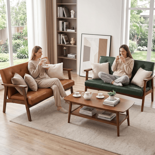 Sofá de 2 Lugares Estilo Escandinavo com Couro Sintético, Estrutura de Madeira Maciça e Apoios de Braço, Sofá para Sala, Quarto, Escritório e Apartamento, Capacidade de 240 kg, 124×74×75 cm