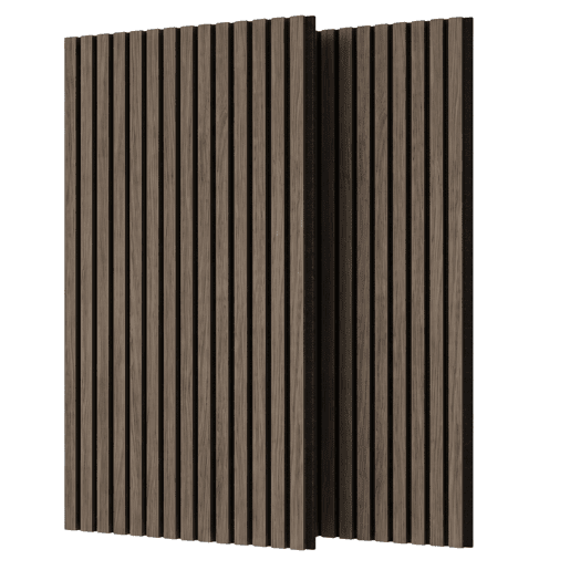 Conjunto de 2 painéis acústicos Silence, 60x120x1,8 cm, para isolamento acústico de paredes, nas cores carvalho nogueira escuro e preto.