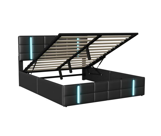 Cama para adultos de 160 × 200 cm con tira de luz LED, cajón con almacenaje, respaldo, interfaz USB*2, cama acolchada, cama para adolescentes, PU negro