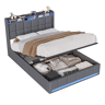 Cama 140x200 cm - LED - baú hidráulico - estrado de ripas - carregamento USB e Type-C - linho - cinza
