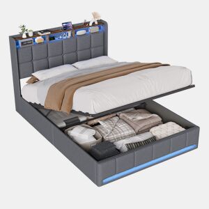 Cama 140x200 cm - LED - baú hidráulico - estrado de ripas - carregamento USB e Type-C - linho - cinza