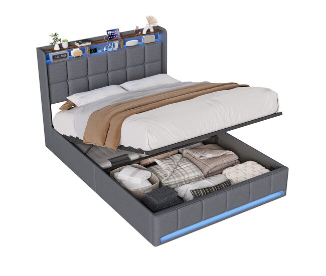 Cama con luz LED, caja hidráulica, somier y puertos USB/Tipo-C 144x218