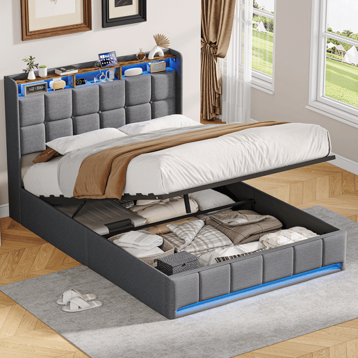 Cama 140x200 cm - LED - baú hidráulico - estrado de ripas - carregamento USB e Type-C - linho - cinza Cama 140x200 cm - LED - baú hidráulico - estrado de ripas - carregamento USB e Type-C - linho - cinza