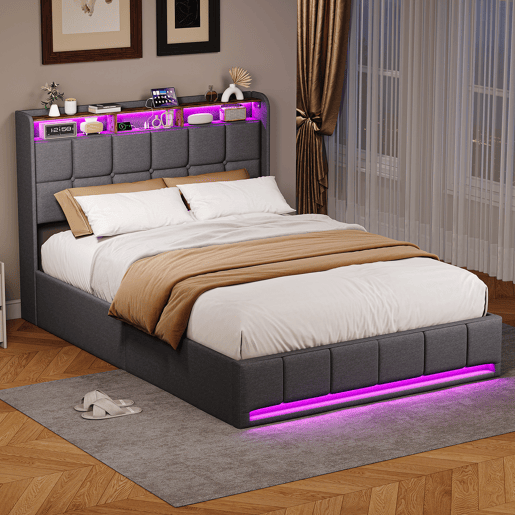 Cama 140x200 cm - LED - baú hidráulico - estrado de ripas - carregamento USB e Type-C - linho - cinza Cama 140x200 cm - LED - baú hidráulico - estrado de ripas - carregamento USB e Type-C - linho - cinza