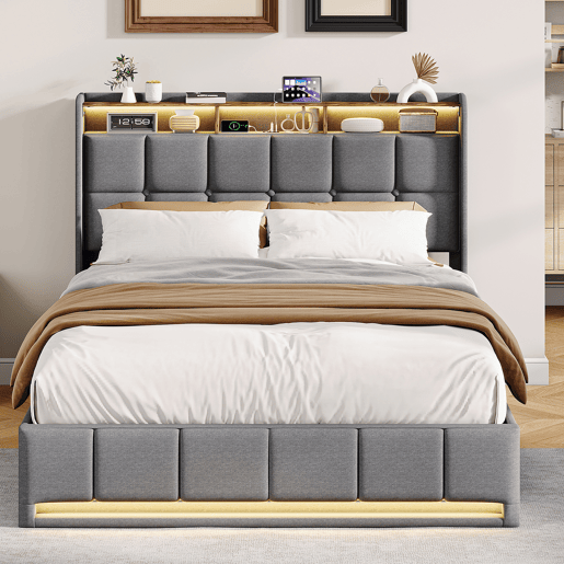 Cama 140x200 cm - LED - baú hidráulico - estrado de ripas - carregamento USB e Type-C - linho - cinza Cama 140x200 cm - LED - baú hidráulico - estrado de ripas - carregamento USB e Type-C - linho - cinza