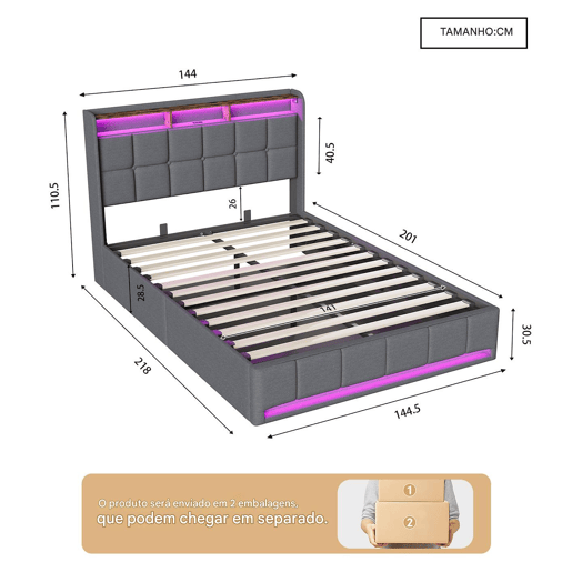 Cama 140x200 cm - LED - baú hidráulico - estrado de ripas - carregamento USB e Type-C - linho - cinza Cama 140x200 cm - LED - baú hidráulico - estrado de ripas - carregamento USB e Type-C - linho - cinza