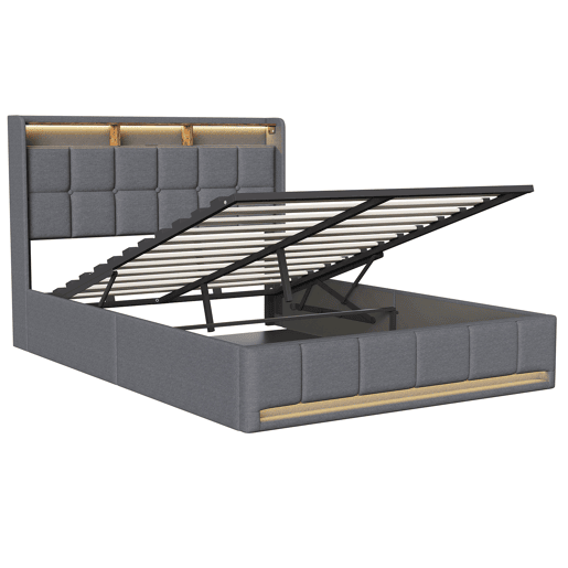 Cama 140x200 cm - LED - baú hidráulico - estrado de ripas - carregamento USB e Type-C - linho - cinza Cama 140x200 cm - LED - baú hidráulico - estrado de ripas - carregamento USB e Type-C - linho - cinza
