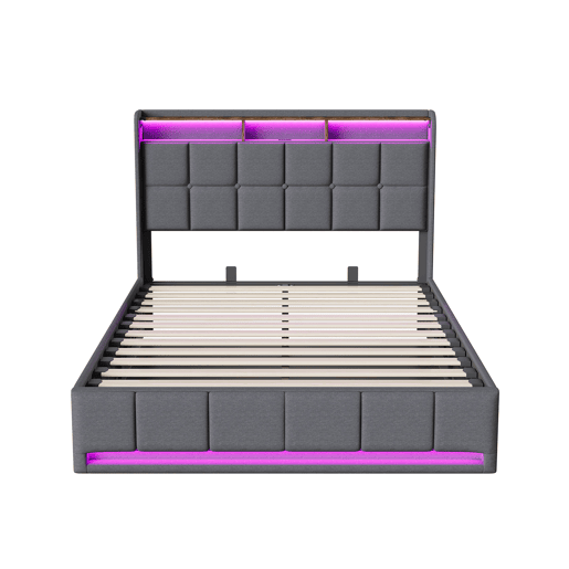 Cama 140x200 cm - LED - baú hidráulico - estrado de ripas - carregamento USB e Type-C - linho - cinza Cama 140x200 cm - LED - baú hidráulico - estrado de ripas - carregamento USB e Type-C - linho - cinza