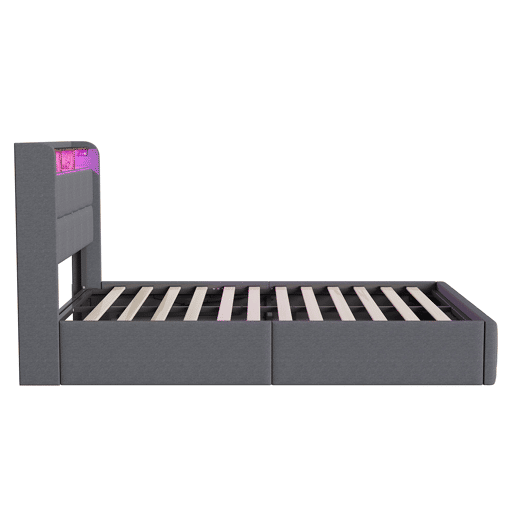Cama 140x200 cm - LED - baú hidráulico - estrado de ripas - carregamento USB e Type-C - linho - cinza Cama 140x200 cm - LED - baú hidráulico - estrado de ripas - carregamento USB e Type-C - linho - cinza