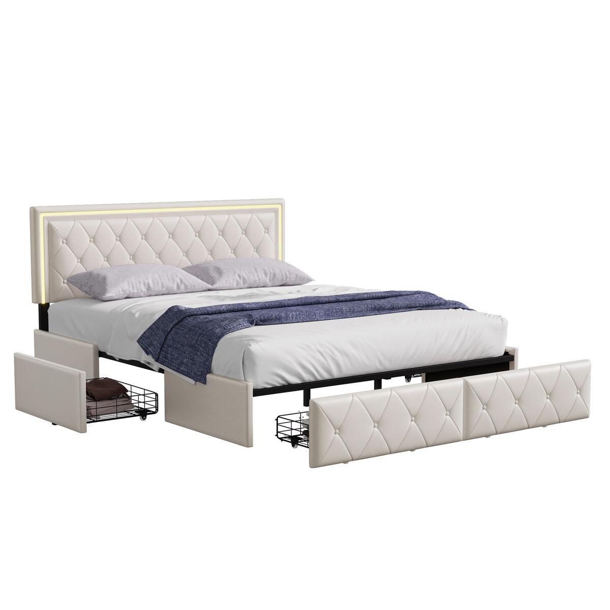 Cama doble tapizada con 4 cajones e iluminación LED 145x208 Beige