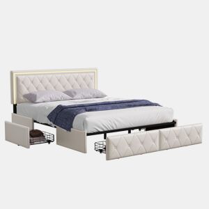Cama de casal 140x200cm com iluminação LED e 4 gavetas - estofamento em imitação de couro - com estrado de ripas - Bege