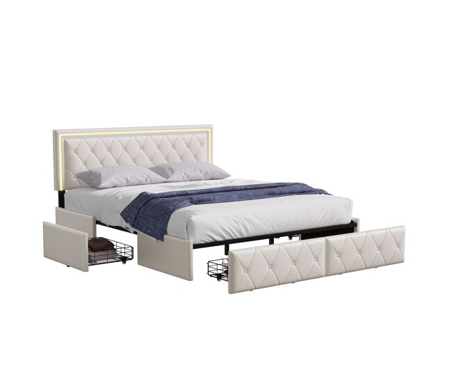 Cama doble de 140x200 cm con iluminación led y 4 cajones, tapizada en polipiel, con somier de láminas, color beige.