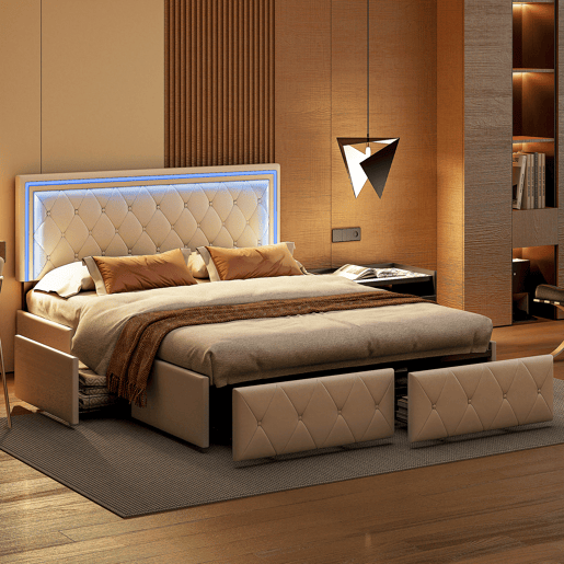 Cama de casal 140x200cm com iluminação LED e 4 gavetas - estofamento em imitação de couro - com estrado de ripas - Bege Cama de casal 140x200cm com iluminação LED e 4 gavetas - estofamento em imitação de couro - com estrado de ripas - Bege