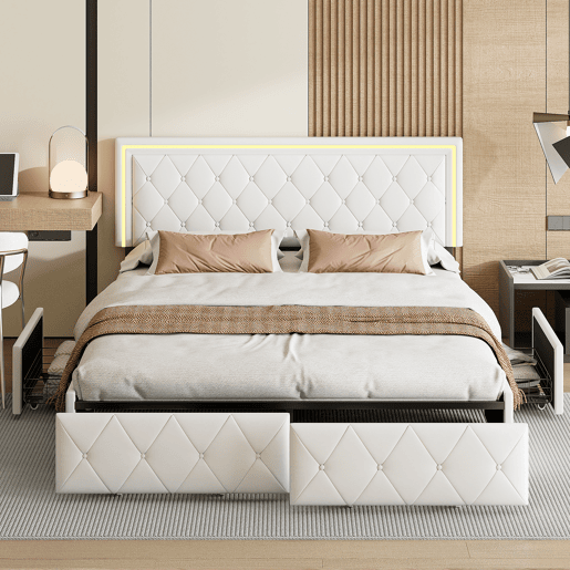 Cama de casal 140x200cm com iluminação LED e 4 gavetas - estofamento em imitação de couro - com estrado de ripas - Bege Cama de casal 140x200cm com iluminação LED e 4 gavetas - estofamento em imitação de couro - com estrado de ripas - Bege