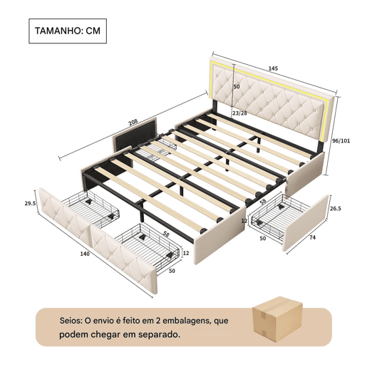 Cama de casal 140x200cm com iluminação LED e 4 gavetas - estofamento em imitação de couro - com estrado de ripas - Bege Cama de casal 140x200cm com iluminação LED e 4 gavetas - estofamento em imitação de couro - com estrado de ripas - Bege