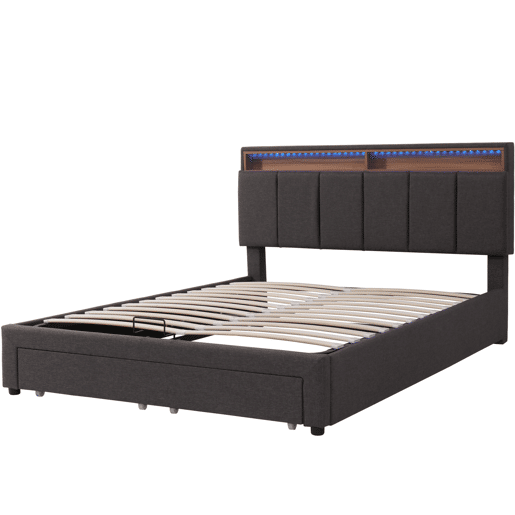 Cama com baú 180x200 cm - 2 gavetas - LED - baú hidráulico - com estrado Cama com baú 180x200 cm - 2 gavetas - LED - baú hidráulico - com estrado