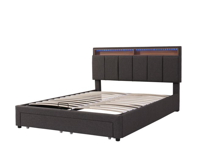 Cama de almacenamiento de 180x200 cm con 2 cajones, iluminación LED, sistema hidráulico y base de láminas.