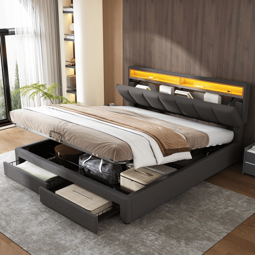 Cama com baú 180x200 cm - 2 gavetas - LED - baú hidráulico - com estrado Cama com baú 180x200 cm - 2 gavetas - LED - baú hidráulico - com estrado