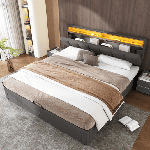 Cama com baú 180x200 cm - 2 gavetas - LED - baú hidráulico - com estrado Cama com baú 180x200 cm - 2 gavetas - LED - baú hidráulico - com estrado