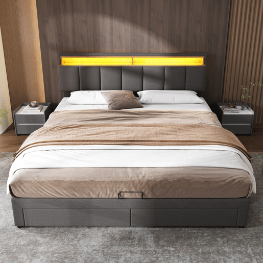 Cama com baú 180x200 cm - 2 gavetas - LED - baú hidráulico - com estrado Cama com baú 180x200 cm - 2 gavetas - LED - baú hidráulico - com estrado