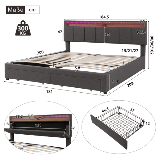 Cama com baú 180x200 cm - 2 gavetas - LED - baú hidráulico - com estrado Cama com baú 180x200 cm - 2 gavetas - LED - baú hidráulico - com estrado