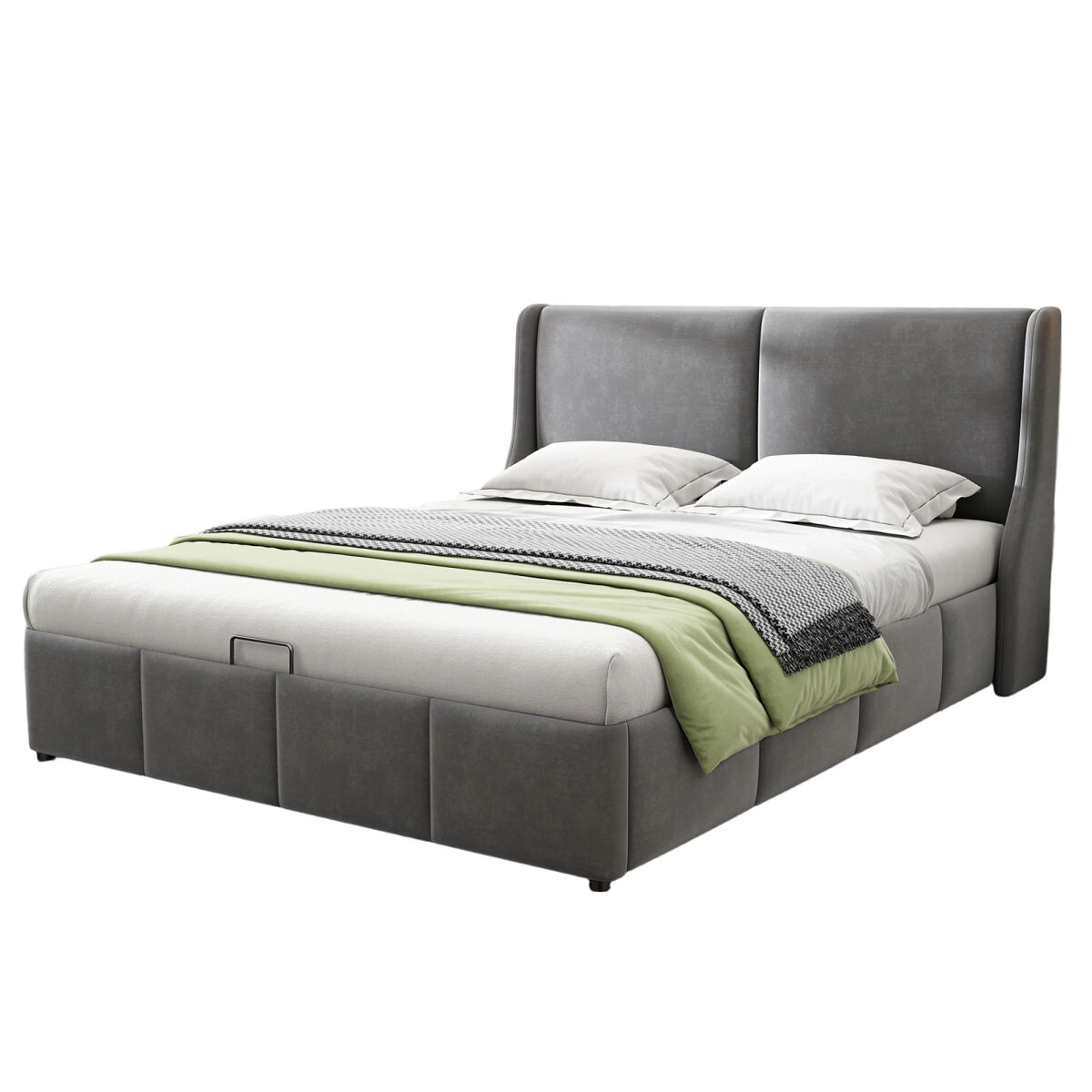 Cama doble con espacio de almacenamiento de 140 x 190 cm - 2 personas - tela de terciopelo - base de láminas - gris - estilo escandinavo