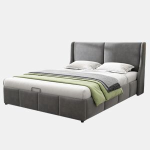 Cama com baú dupla 140x190 cm - 2 pessoas - veludo - estrado de ripas - cinza - estilo escandinavo